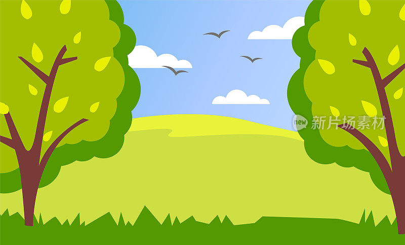 春天或夏天的绿色卡通乡村景观，绿色的田野，高大的树木和多云的天空