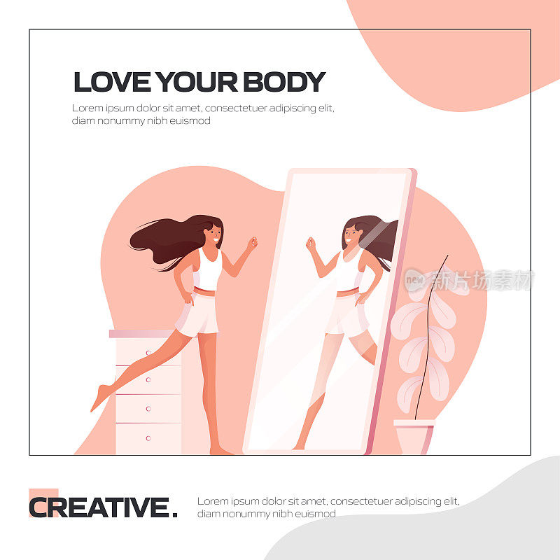 爱你的身体概念彩色矢量插图平面卡通风格。美容，身体护理和化妆品相关的现代矢量插图的社交媒体帖子