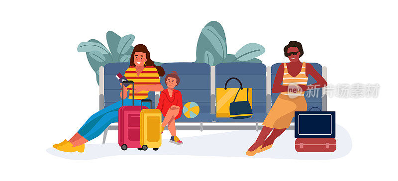 家属在等候大厅或回收区。妇女和儿童坐在机场的长凳上。携带手提包和手提箱的乘客。乘飞机前休息的人。向量旅行