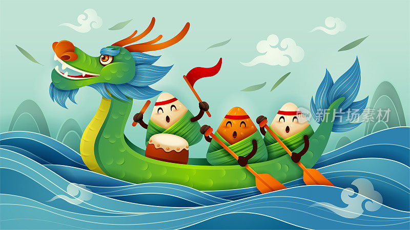 端午节有粽子卡通人物和龙舟上的水。