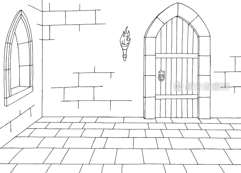 城堡内部图形黑白中世纪素描插图向量