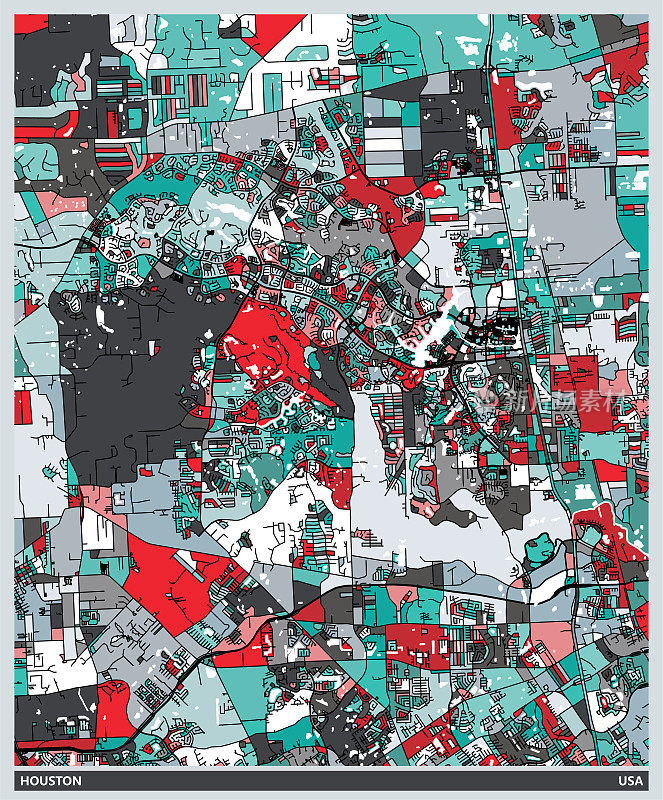 艺术插画风格地图，休斯顿市，美国