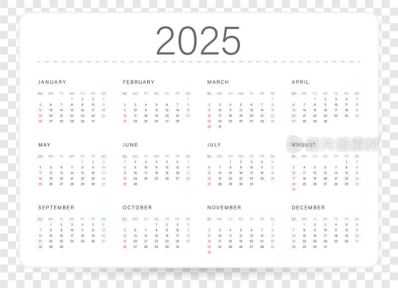 日历2025矢量插图模板。一周从周日开始，