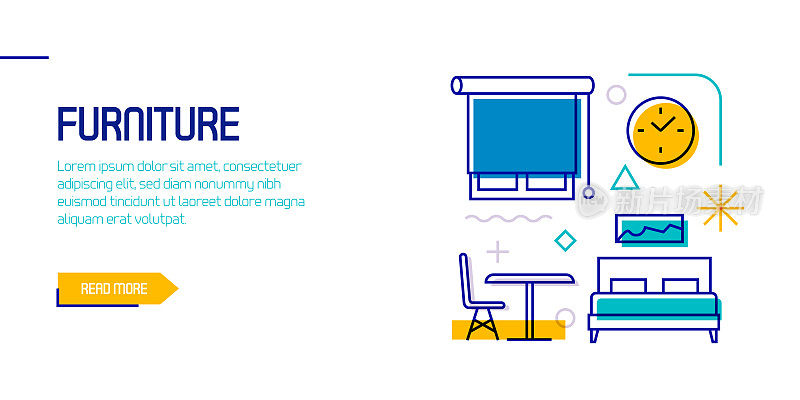 家具相关设计元素。带有轮廓图标的图案设计。色彩斑斓的矢量图