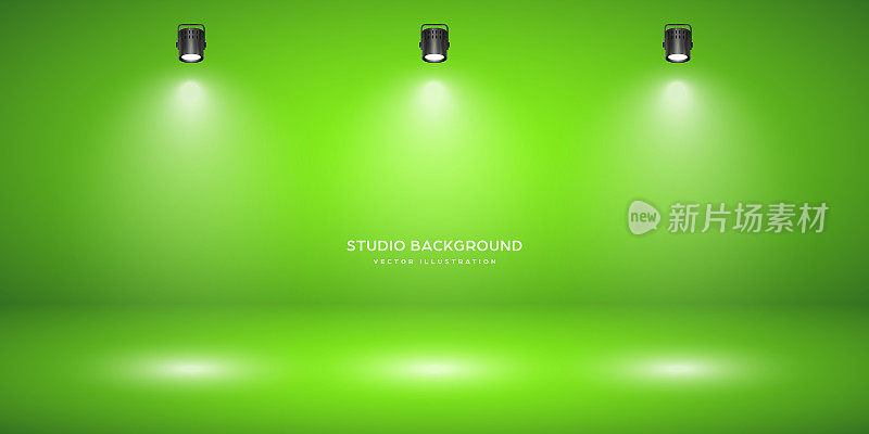空的绿色工作室抽象背景与聚光灯效果。产品展示背景。色度键合成。舞台灯光。矢量图