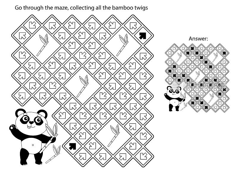迷宫或迷宫游戏。谜题。竹枝卡通小熊猫涂色画页轮廓。儿童涂色本。