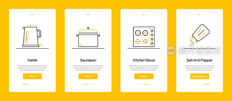 在移动应用页面上使用扁平图标的烹饪概念。用户体验，UI设计模板矢量插图