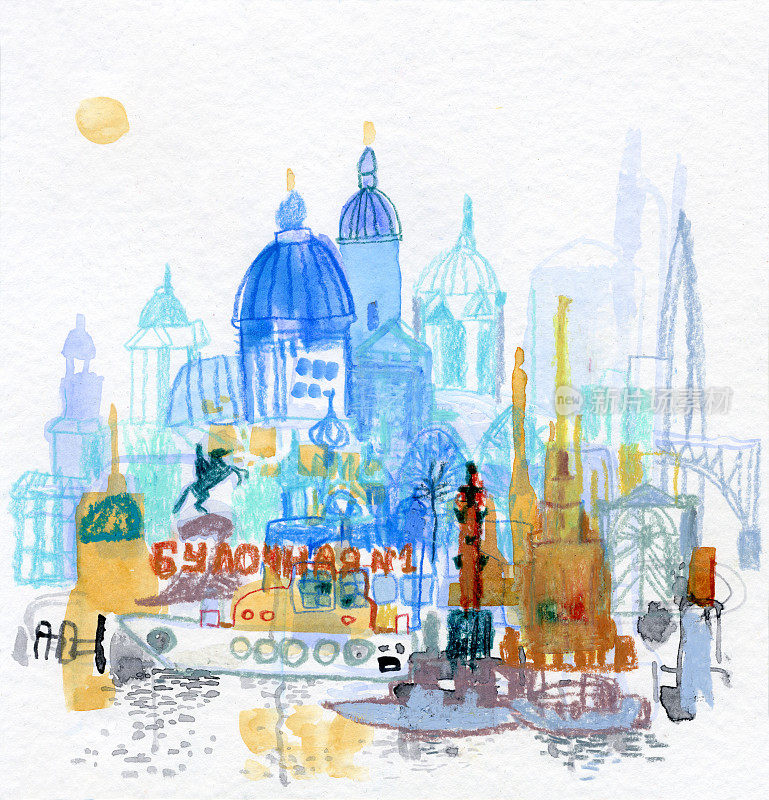 俄罗斯圣彼得堡风景水彩画和铅笔画。