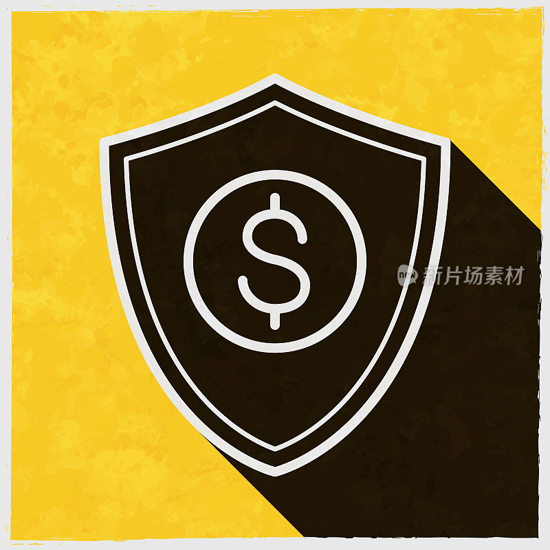 美元的盾牌。图标与长阴影的纹理黄色背景