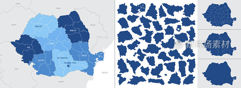 详细，矢量，罗马尼亚和行政区划国家蓝色地图