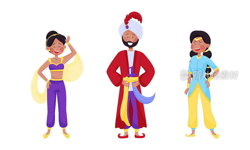 阿拉伯童话人物与阿拉伯男人和女人穿着花哨的服装向量集