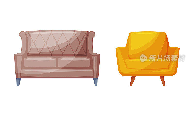棕色沙发和黄色经典扶手椅，舒适的房间内部矢量插图家具