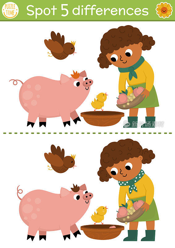 寻找差异的儿童游戏。在农场教育活动与可爱的农家女孩喂猪。农场谜题的孩子与有趣的性格。农村农村可打印的工作表或页