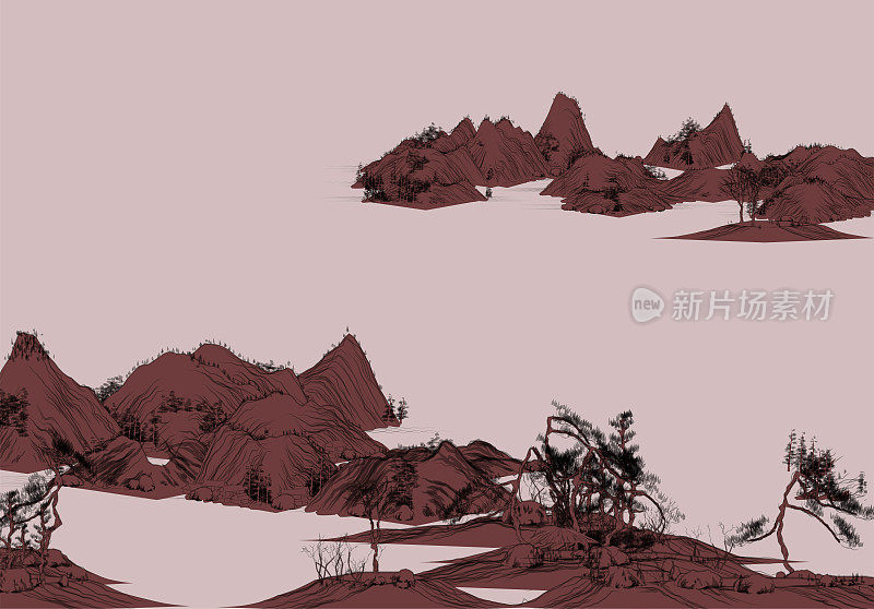 复古风格的中国传统山水画，山水画