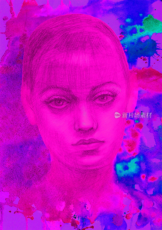插图水彩肖像的一个年轻的女人在彩色水彩画在粉红色的纸上泼洒的背景