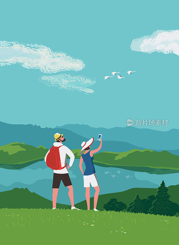 游客夫妇欣赏山景背景