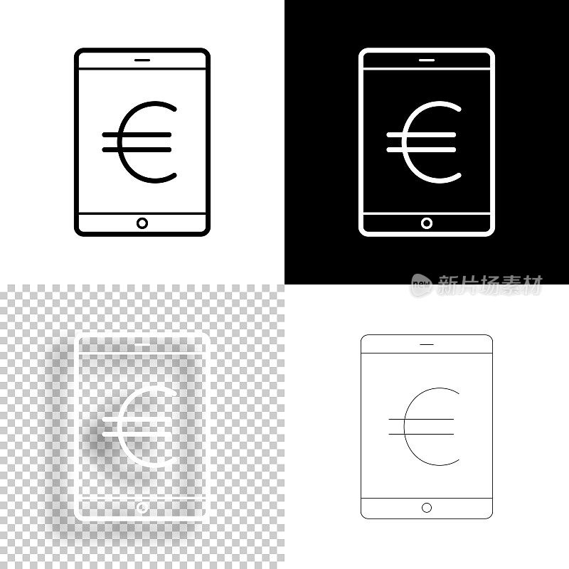 带有欧洲标志的平板电脑。图标设计。空白，白色和黑色背景-线图标