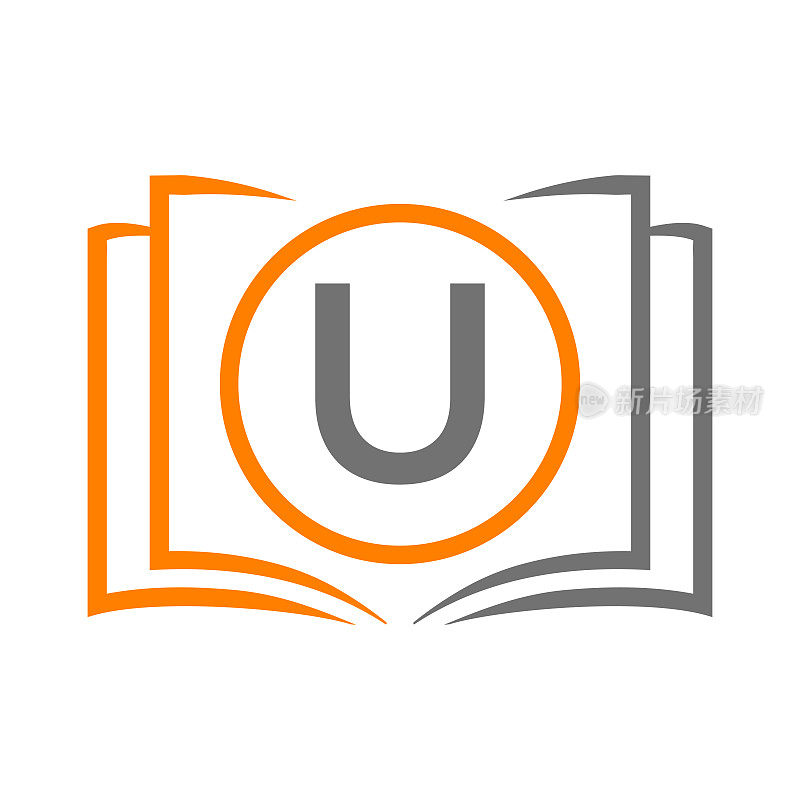 字母U模板上的教育标志。打开书标志上的U字母，最初的教育标志概念模板