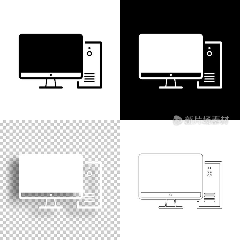 台式电脑。图标设计。空白，白色和黑色背景-线图标