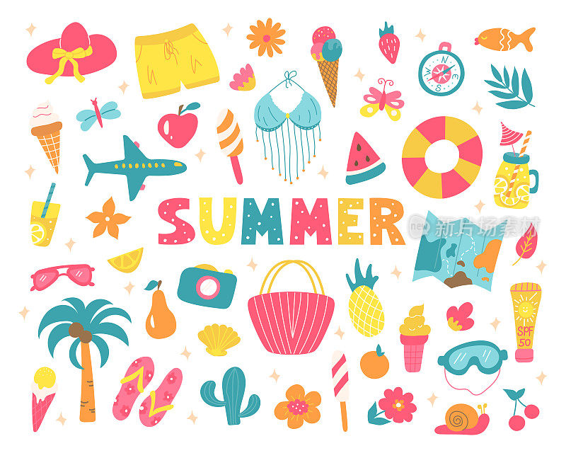 集合明媚的夏日元素，假期去海滩，周末去海边旅行。饮料，菠萝，花，柠檬水，衣服。矢量插图海报设计，明信片，剪贴簿