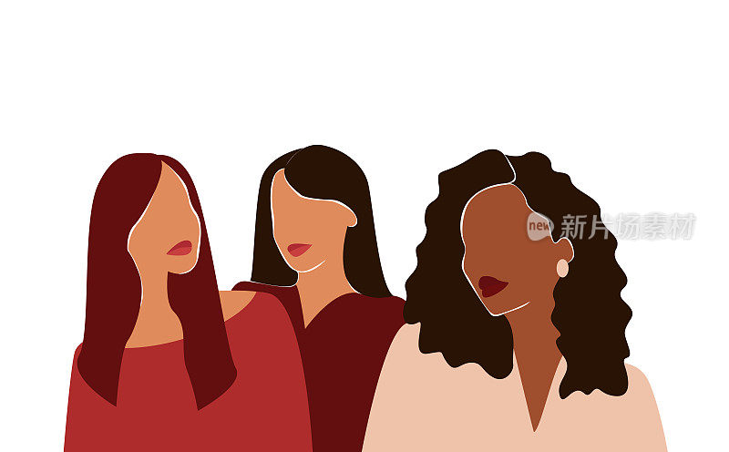 三名不同民族、不同文化的女性肩并肩，祝你妇女节快乐!坚强勇敢的女孩互相支持。姐妹情谊和女性友谊。向量