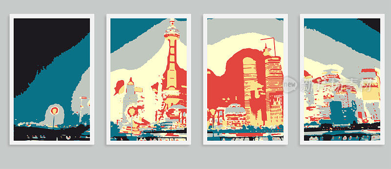 矢量上海城市外滩天际线场景雕刻风格图案明信片插图横幅背景
