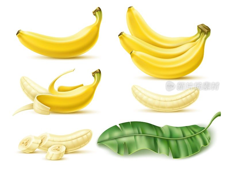现实的香蕉。热带甜品水果，整颗，切块去皮，绿叶，3d分离元素，天然健康食品，黄色切片零食，异国产品，烹饪食材，矢量集