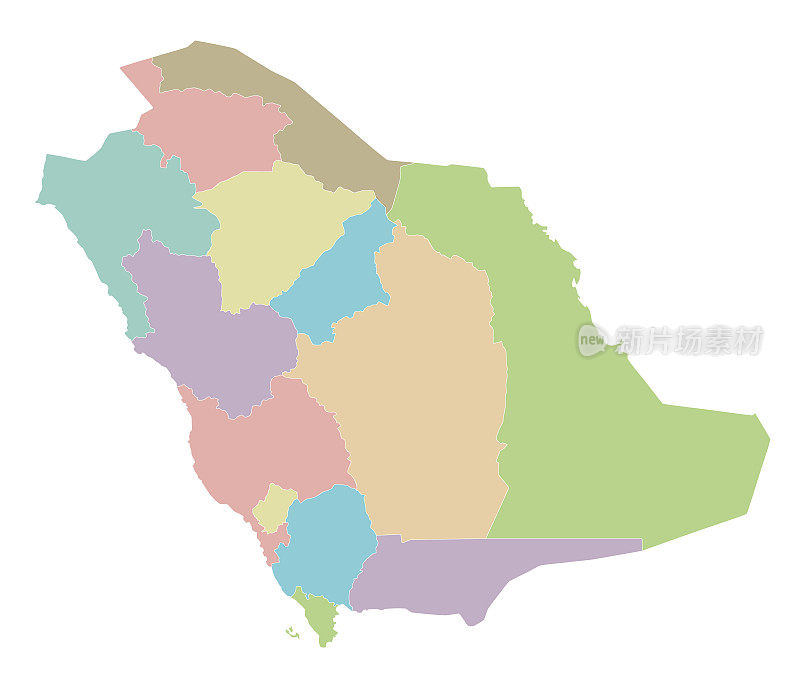 标有省份和行政区划的沙特阿拉伯矢量空白地图。可编辑和明确标记层。