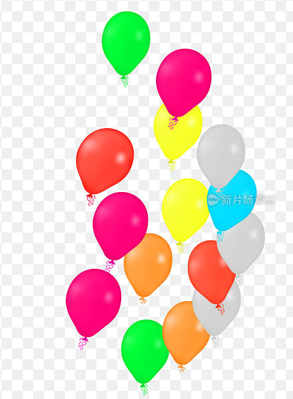 现实氦气矢量气球各种颜色。生日快乐，在透明的背景新年晚会装饰。空气氦气球。庆典,
