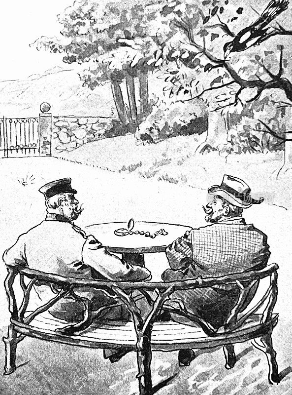 两个男人在花园的圆木凳上聊天，后视镜