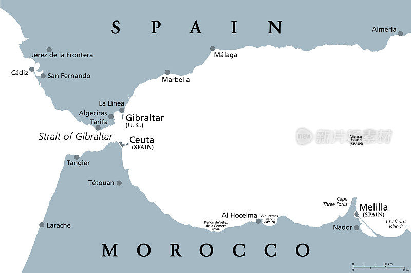 直布罗陀海峡，也叫直布罗陀海峡，灰色的政治地图