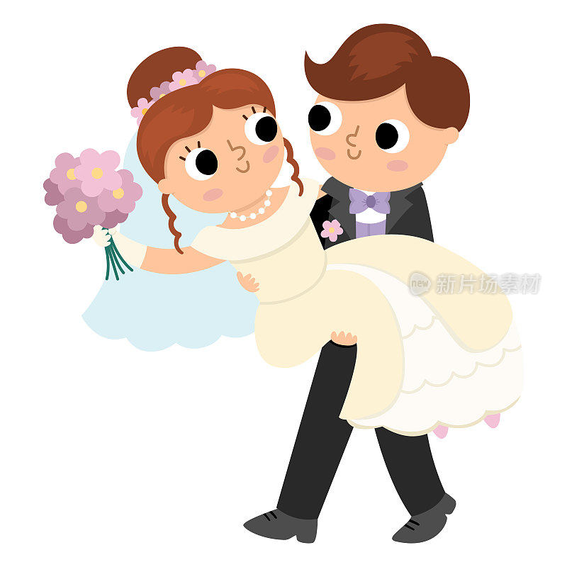 矢量插图与新郎背着新娘在他的手上。可爱的新婚夫妇。婚礼的标志。新婚夫妇的卡通婚礼场景