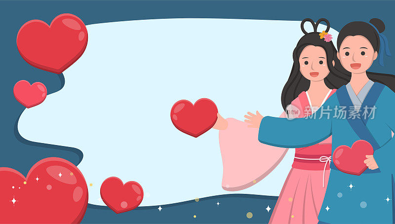 亚洲、东方和中国的情人节:七夕、传说中的牛郎织女、卡通漫画矢量人物