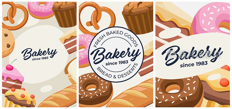 烘焙海报矢量3模板与烘焙食品插图。菜单封面上的烘焙标志。甜甜圈，面包，蛋糕，椒盐卷饼，松饼