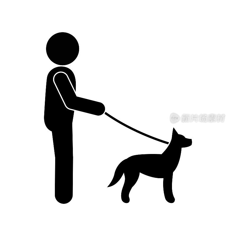 遛狗图标，人和狗用皮带牵引，孤立的剪影