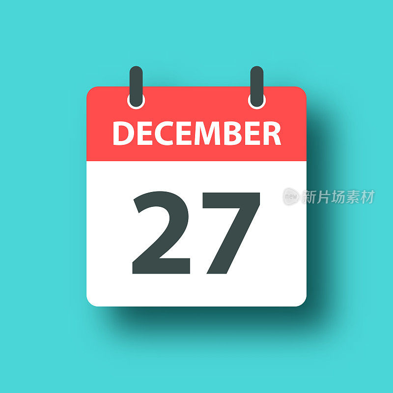 12月27日-日常日历图标上的蓝色绿色背景与阴影