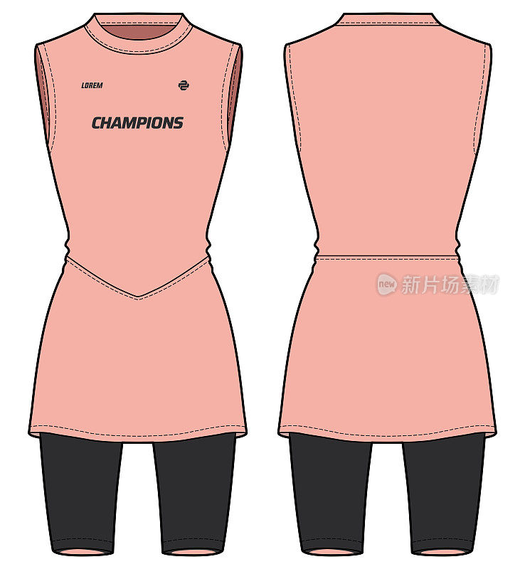 女性无袖网球连衣裙运动上衣与紧身压缩短裤设计平面素描时尚插画适合女孩和女士，连衣裙为网球和网球球衣运动套件