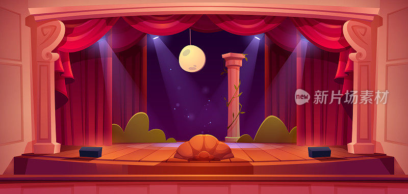 剧院的舞台，空无一人的场景配上红色的窗帘