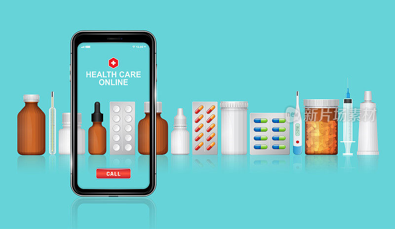 医疗保健和医疗在线电话瓶设置药物，药片，医疗保健和药店的网站，为医院和诊所矢量说明