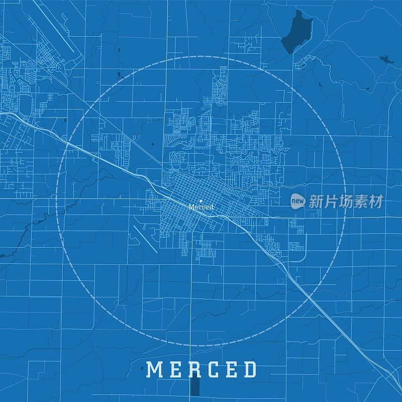 默塞德CA城市矢量道路地图蓝色文本