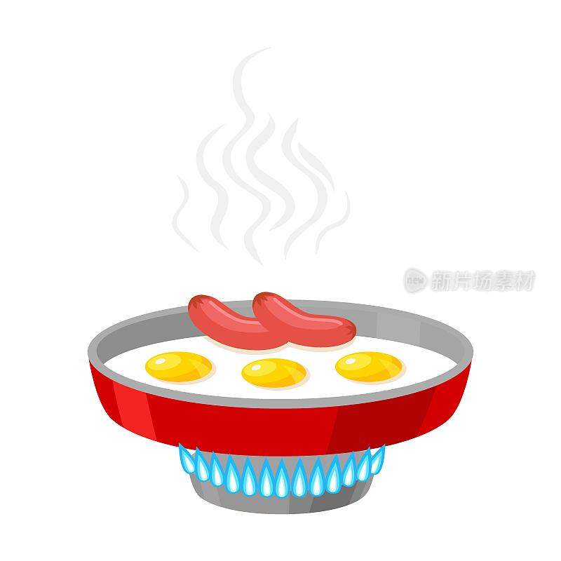 用油锅煎鸡蛋和香肠在煤气炉卡通插图。水在壶里烧开，菜在火上煎。用平底锅盛热汤