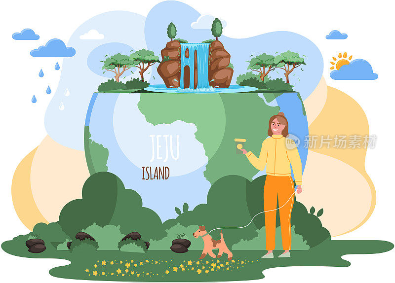 韩国济州岛，女孩站在地球附近，看着济州岛的大自然，旅游海报