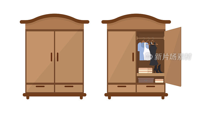 卡通风格的木橱柜。矢量插图封闭和开放的衣柜与衣架和鞋子的家庭内部白色背景。