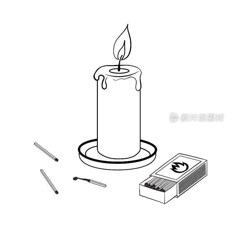 股票矢量黑色和白色手绘的一个燃烧的蜡烛和安全火柴轮廓插图