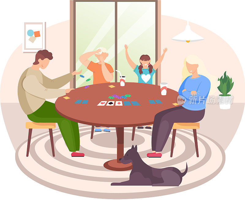 家庭玩棋牌游戏。妈妈和孩子们一起玩，一起在家里度过时光