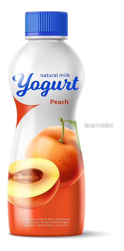 现实的喝酸奶瓶。甜乳制品。水蜜桃。乳饮料标签设计。密闭的食品容器。液体奶油。塑料包。健康的零食。矢量隔离对象