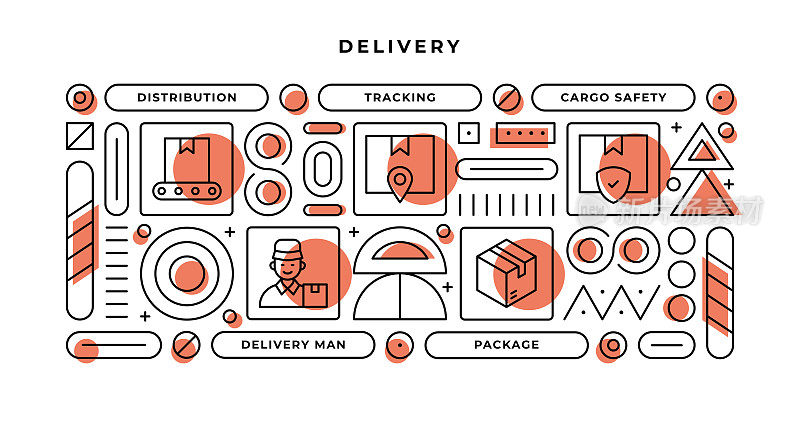 交付信息图表概念与几何形状和分配，跟踪，货物安全，送货员线图标