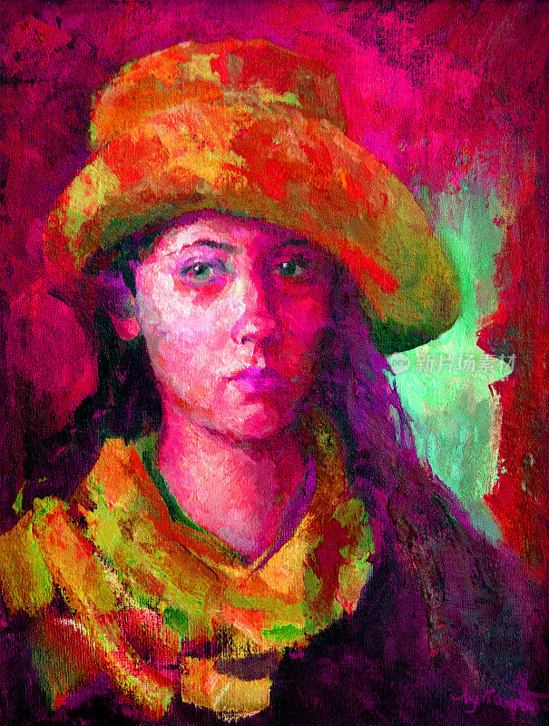 插图油画肖像的年轻女子长黑发帽子和羊毛围巾的红色背景
