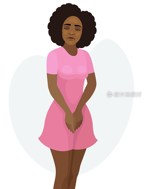 穿着裙子的非裔美国妇女。妇女的卫生。月经期。尿失禁。