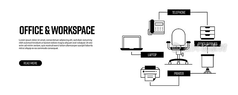 办公室和工作空间相关线横幅设计。采购产品电脑，书桌，演示文稿，电话，办公用品。